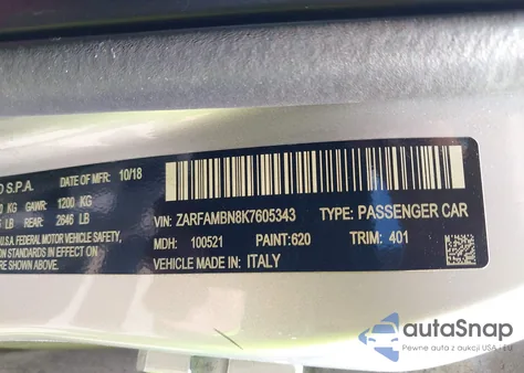 2019 Alfa Romeo Giulia Ti Sport Rwd z USA, uszkodzony, nr VIN ZARFAMBN8K7605343